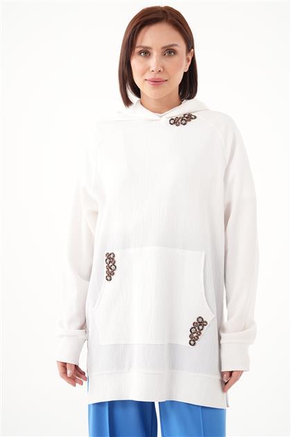 Gofreli Minimal Aksesuar Detaylı Beyaz Sweatshirt