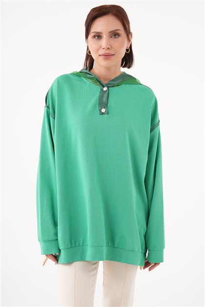 File Kapüşonlu Krem-Yeşil Sweatshirt