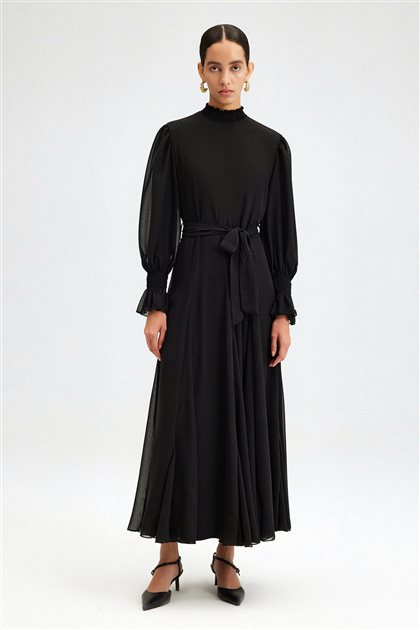 Dik Yaka Şifon Elbise-Siyah 24S1X0022-101