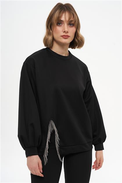 Yırtmaçl�� Saçak Detaylı Siyah Sweatshirt