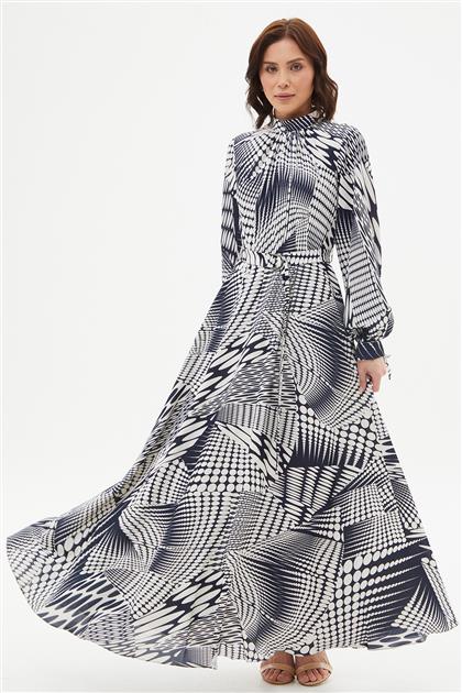 Geometrik Desenli Elbise-Lacivert 70099-17