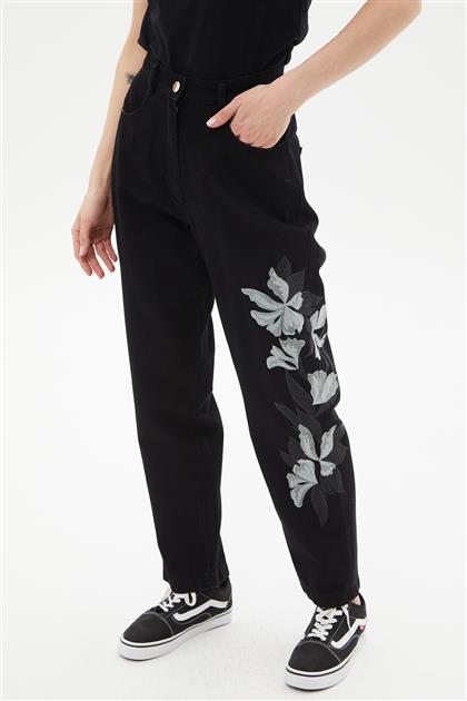 Çiçek Nakışlı Siyah Denim Pantolon