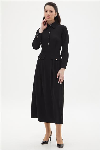 Cep Detaylı Elbise-Siyah 12503-01