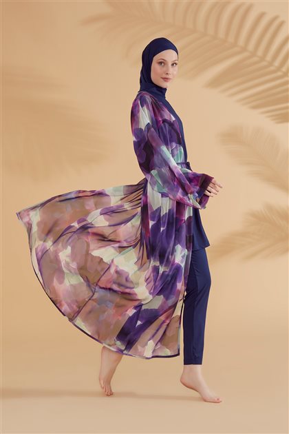Batik Desenli Mor Kimono Kaftan