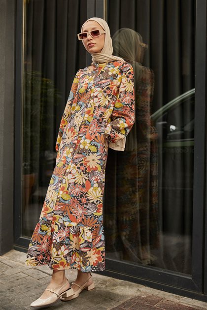 Volan Detaylı Çok Renkli Çiçekli Elbise