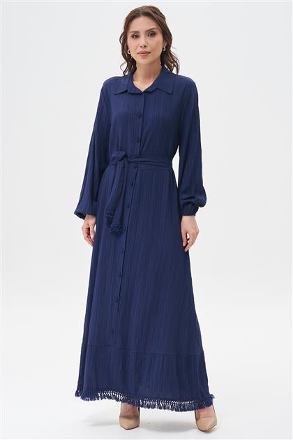 Düğmeli Eteği Püsküllü Elbise-Lacivert K-3051-17