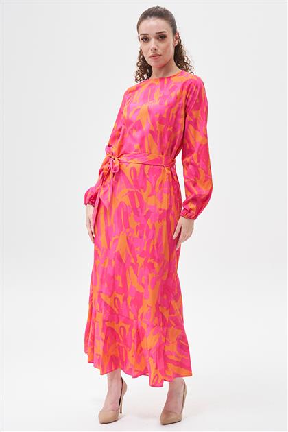 Renkli Kuşaklı Elbise-Pembe Turuncu 4411-431