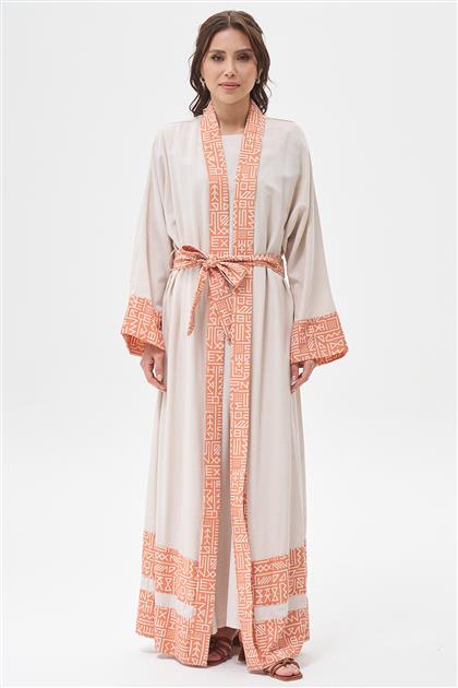 Keten 2'Li Kimono Takım-Bej Turuncu 8010-315