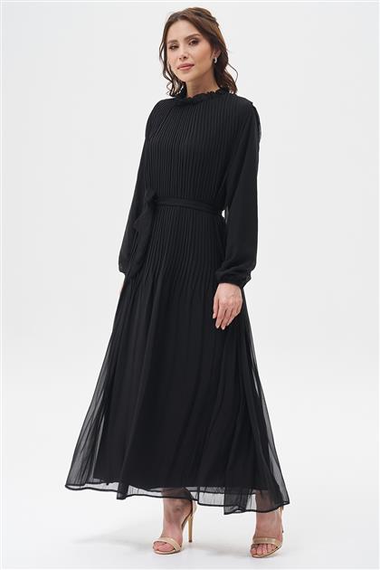 Pile Detaylı Elbise-Siyah N-2040-01