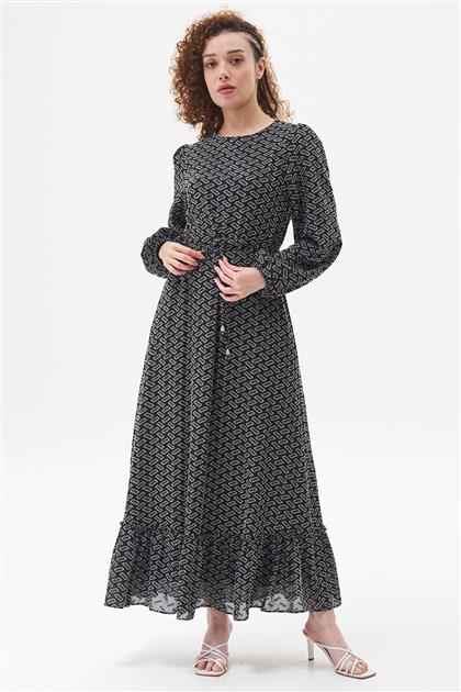 Etek Ucu Pileli Karışık Desen Elbise-Siyah 13344-01