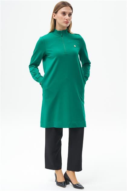 Yarım Fermuarlı Cep Detaylı Benetton Yeşili Tunik