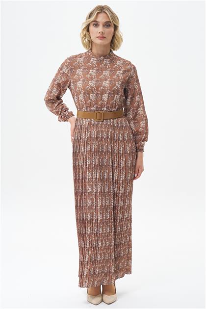 Çiçekli Kemerli Elbise-Açık Kahverengi KYL-1153-09