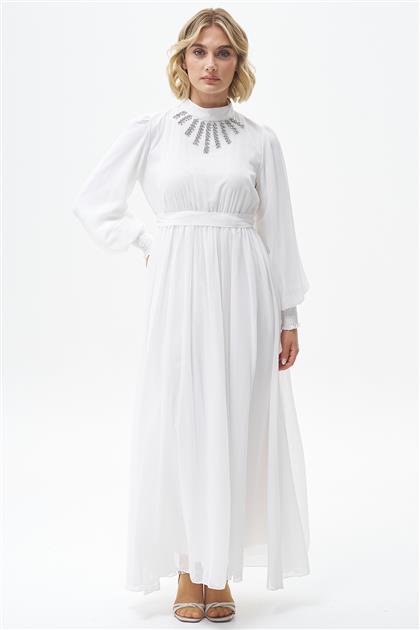 Taşlı Kuşaklı Elbise-Beyaz KYL-A411-02