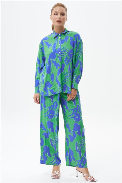 Çiçek Desen Gömlek Yaka Pantolonlu Benetton Yeşili Takım