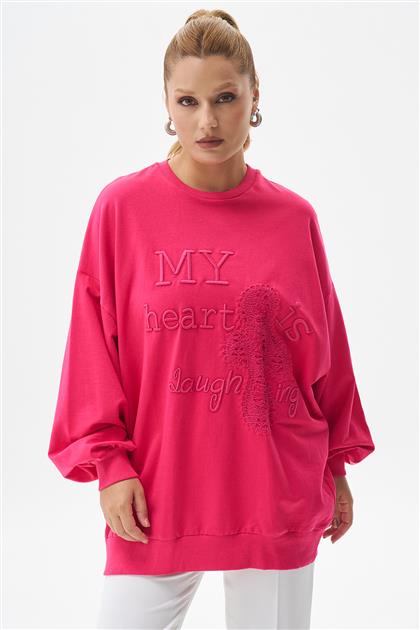 Önü Dantel Nakışlı Fuşya Sweatshirt