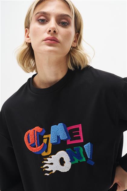 Tazı Baskılı Siyah Sweatshirt