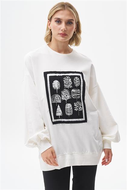 Resim Garnili Ekru Sweatshirt