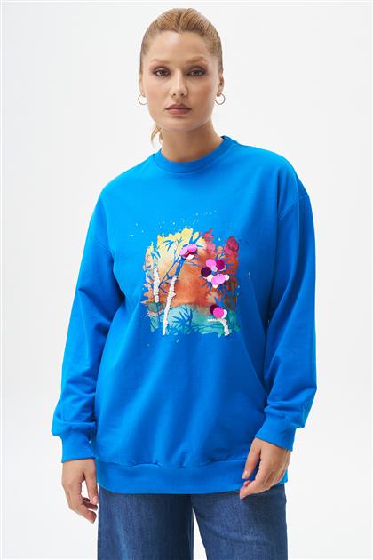 Pul İşlemeli Baskılı Saks Sweatshirt