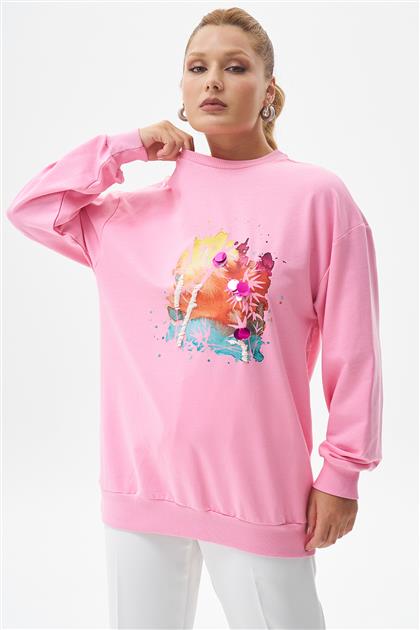 Pul İşlemeli Baskılı Şeker Pembe Sweatshirt