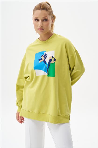 Renkli Baskılı Fıstık Yeşili Sweatshirt 