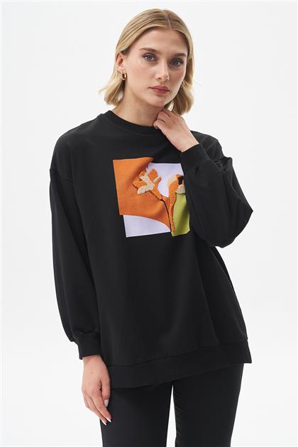 Renkli Baskılı Siyah Sweatshirt 