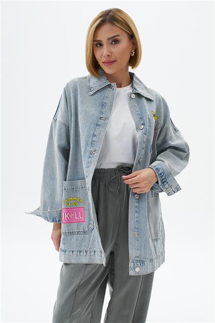 Baskılı Oversize Mavi Denim Ceket