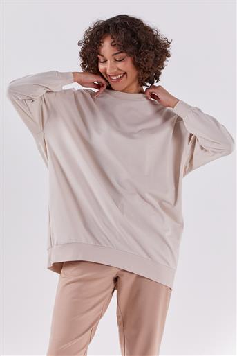 İki İplik Ribanalı Basic Taş Sweatshirt