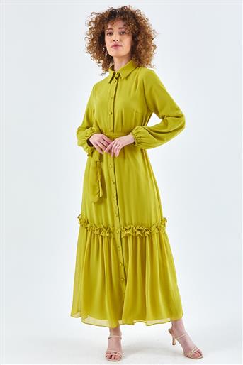 Düğme Detaylı Volanlı Oliv Elbise