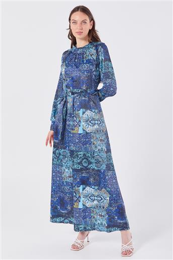 Yakası Büzgülü Kuşaklı Mavi-Lacivert Elbise