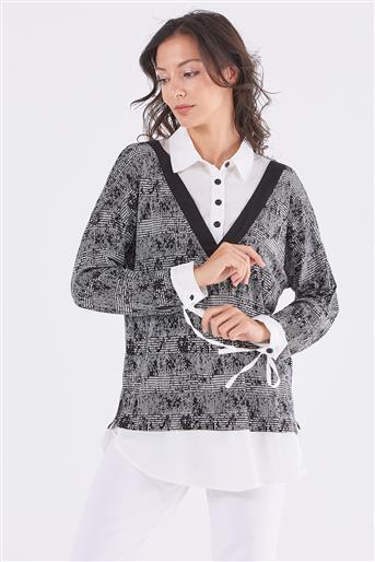 İçi Gömlek Detaylı Karışık Desenli Siyah Bluz