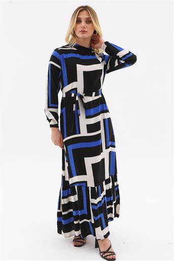 C Yaka Geometrik Desen Elbise-Saks 9505-47