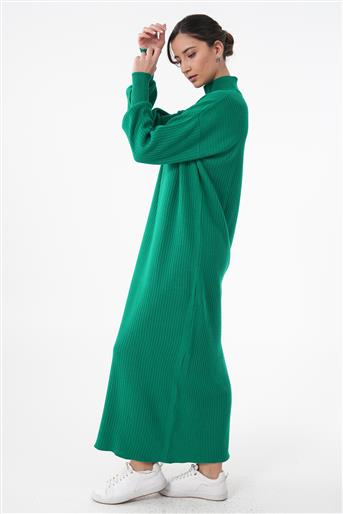 Fermuar Detaylı Balon Kol Yeşil Triko Elbise