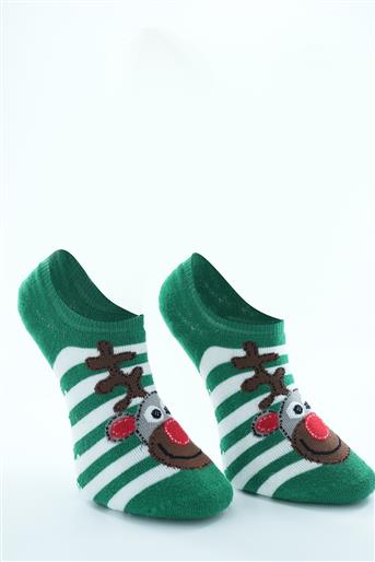 Geyik Figürlü Çizgili Babet Çorap-Yeşil 1129-21