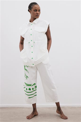 Baskı Desenli Beyaz-Yeşil Pantolon