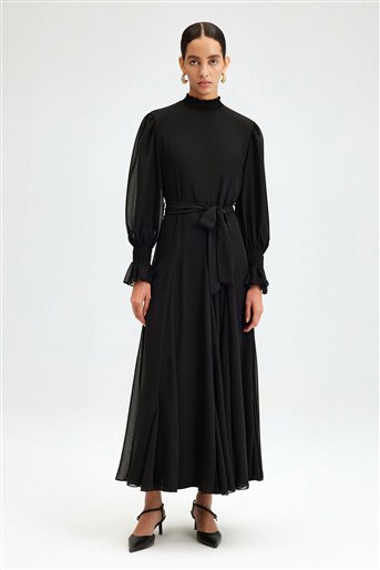 Dik Yaka Siyah Şifon Elbise