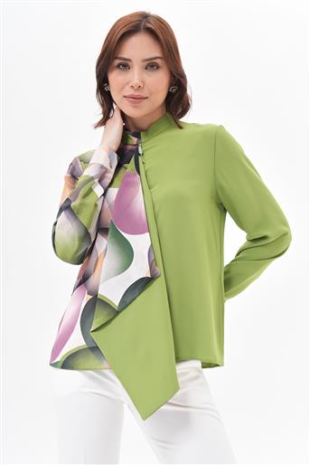 Desen Garnili Önü Volanlı Yeşil Bluz