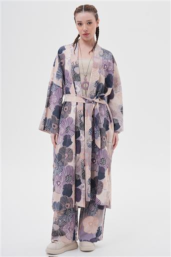 İkili Takım Keten Çiçekli Kimono-Mavi 100056-R191