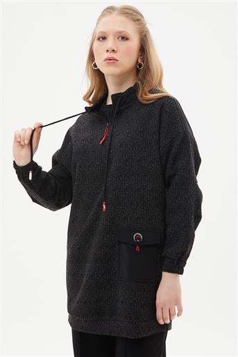 Soyut Desen Yarım Fermuarlı Siyah Sweatshirt