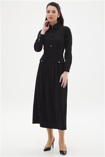 Cep Detaylı Elbise-Siyah 12503-01