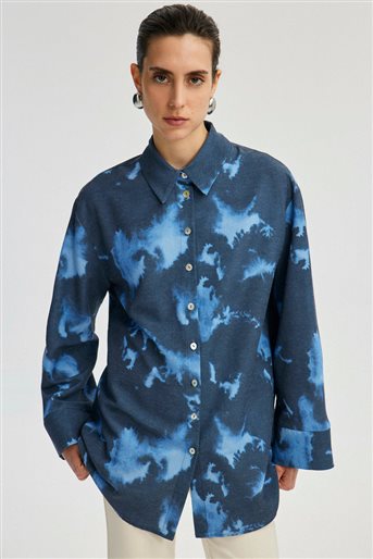 Batik Desenli Keten Dokulu Mavi Gömlek
