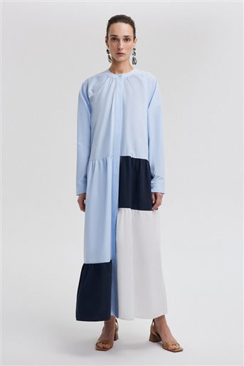 Blok Renkli Gömlek Elbise-Mavi 24Y1A0007-123