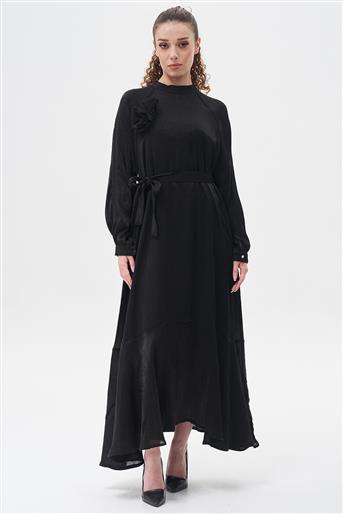 Etek Ucu Volanlı Elbise-Siyah N-5678-01
