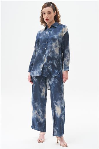 Batik Desenli Tunik-Pantolon Lacivert İkili Takım