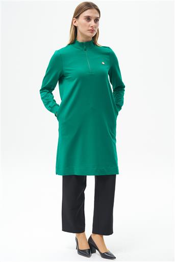 Yarım Fermuarlı Cep Detaylı Benetton Yeşili Tunik