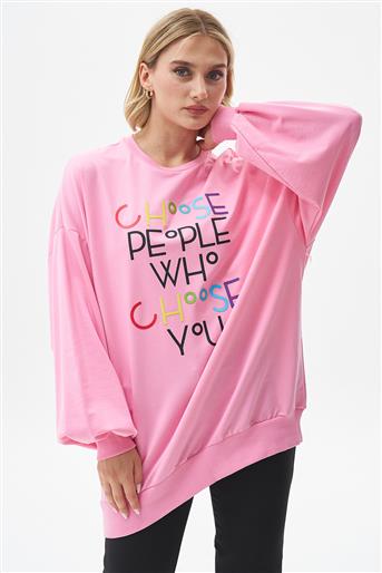 Renkli Yazı Baskılı Pembe Sweatshirt 