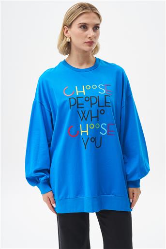 Renkli Yazı Baskılı Saks Sweatshirt 