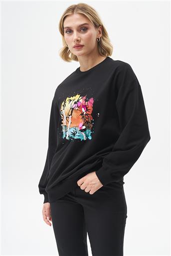 Pul İşlemeli Baskılı Siyah Sweatshirt