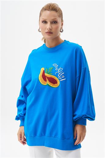 Önü Nakışlı Saks Sweatshirt