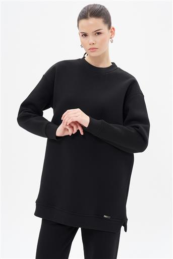 Ribana Detaylı Bisiklet Yaka Siyah Sweatshirt