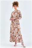 Yaprak Desen Seyyar Kuşaklı Bej Elbise
